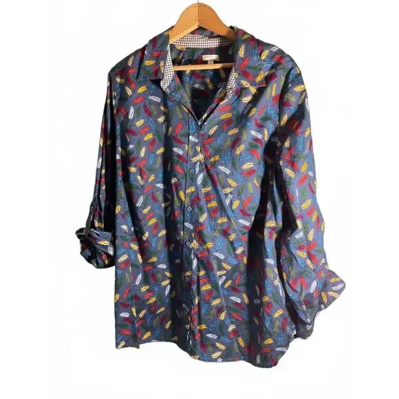 Talbots Woman Colorful Novelty Print Feather Button-Up Shirt 2X - Picture 1 of 8